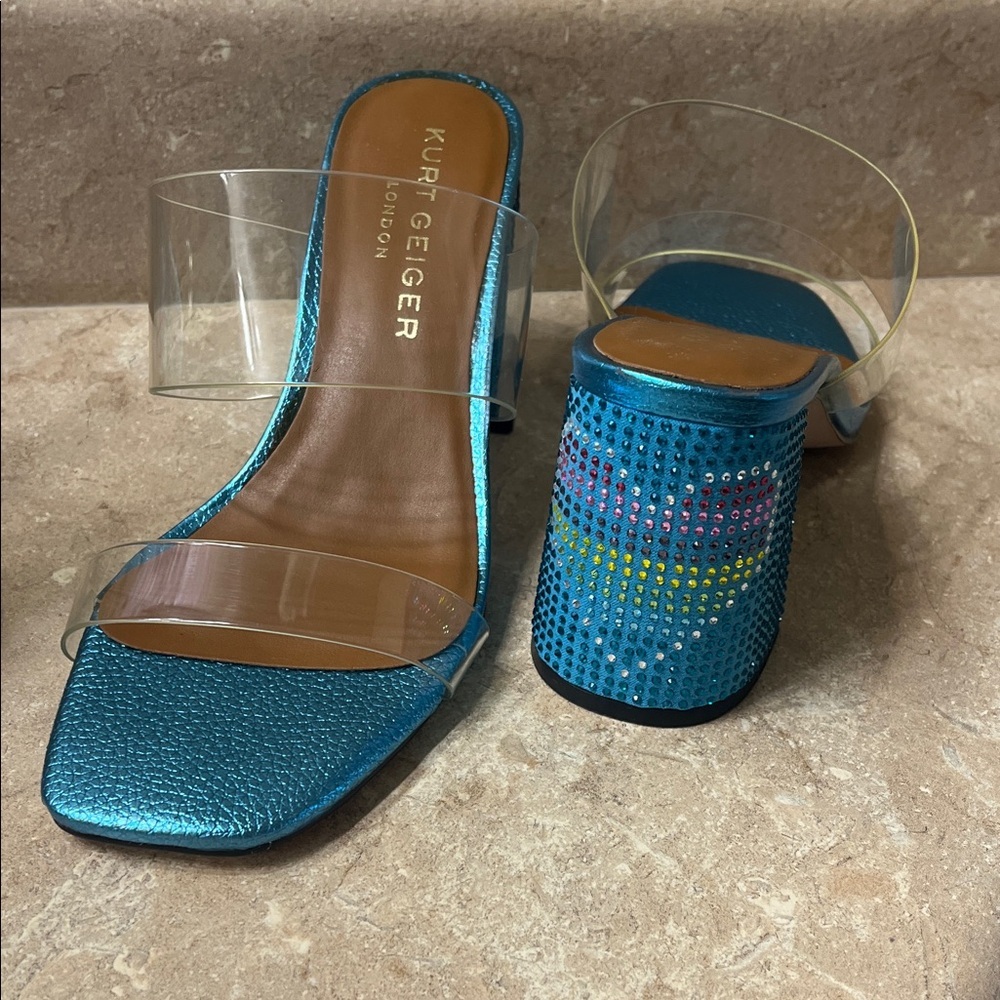 Kurt Geiger London Party Block Sandal - Blue Crystal Heel - Size 37